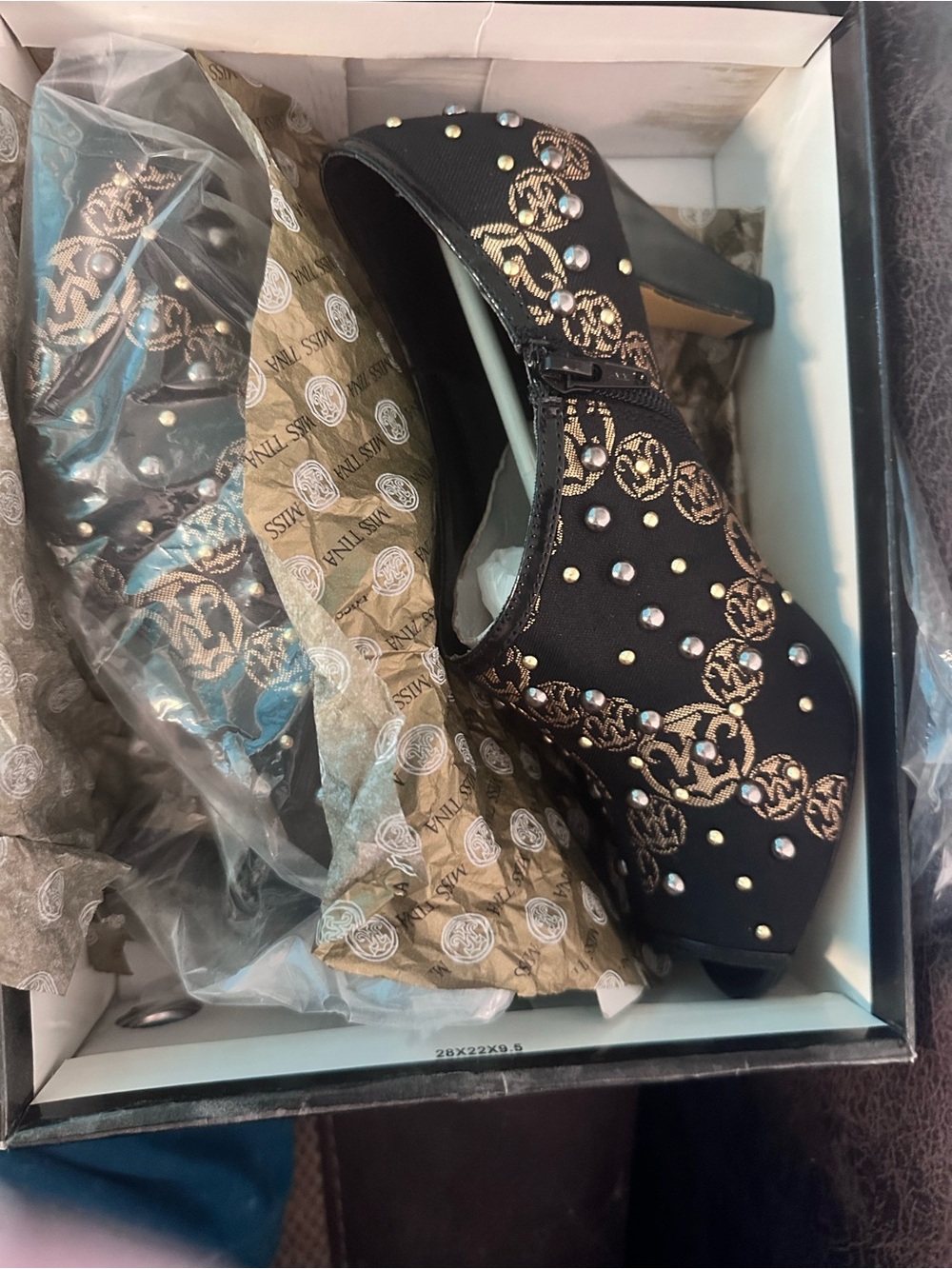 Miss Tina Elegant Black Peep-Toe Embellished High-Heel Booties - Picture 2 of 11